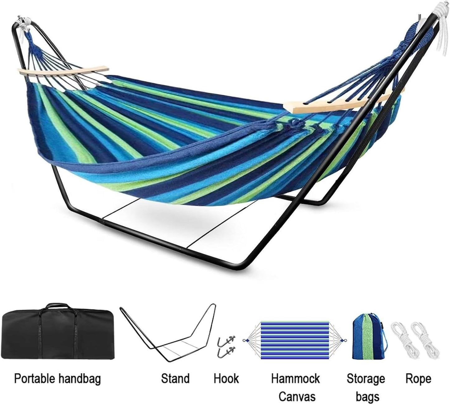 Double Cotton Hammock Stand Adjustable Steel Frame Blue 2 Person Carry Bag Set