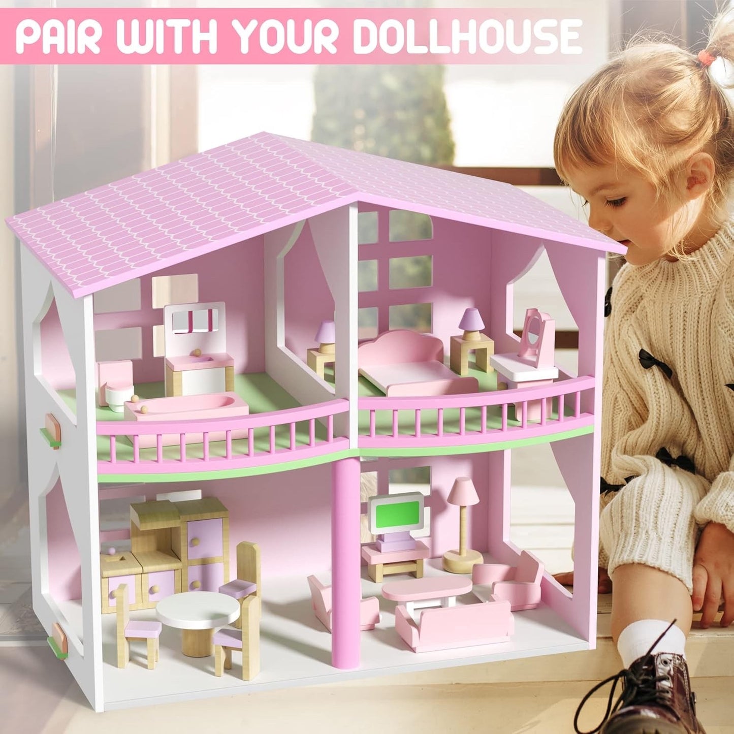 Dollhouse Furniture Set Wooden 22pcs 5 Room Miniature 1:12 Kids Toy Pink