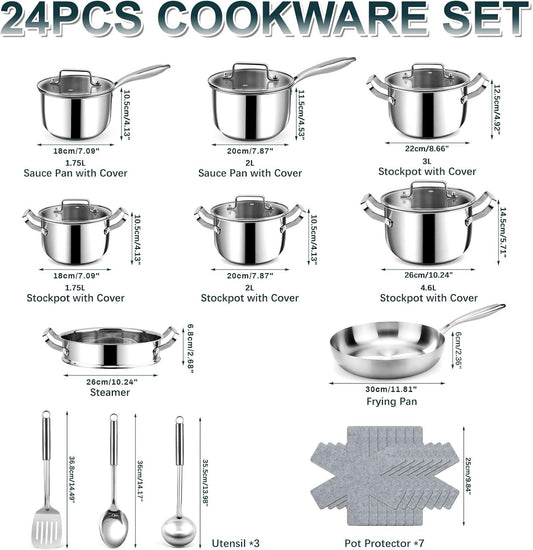 Pots Pans Cookware Set 24 Piece Stainless Steel Induction Hob Frying Pan Silver