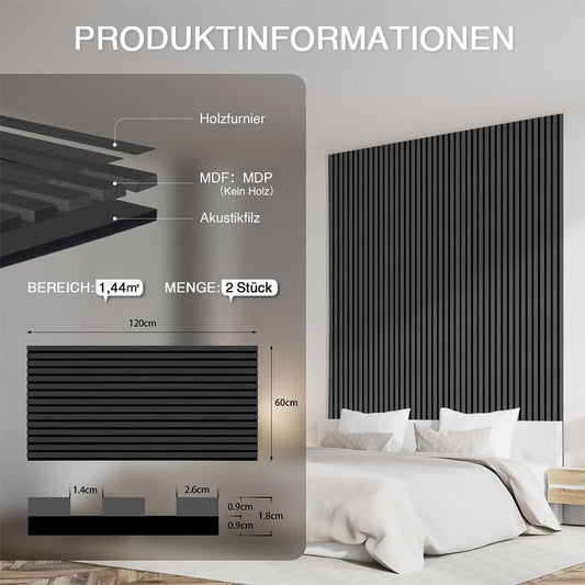 Acoustic Wood Wall Panels 120x60cm 2 Pack 1.44m² Black Slat Sound Absorbing