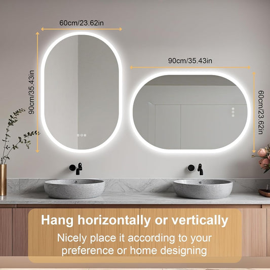 600x900mm LED Bathroom Mirror Anti Fog Dimmable 3 Color Light Wall Mounted IP56