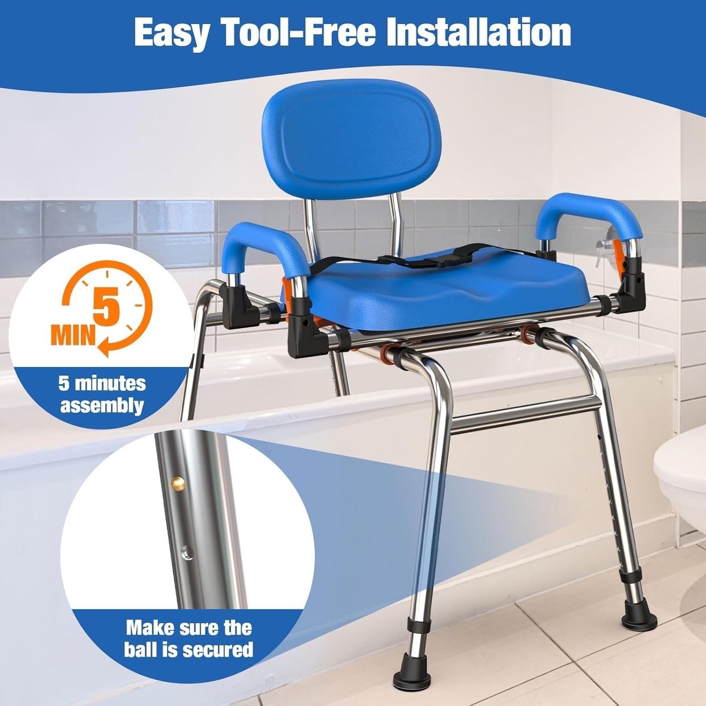 Sliding Shower Chair 360 Swivel Seat 204kg Adjustable Bath Transfer Bench Blue