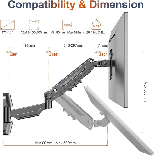 Monitor Wall Mount Arm 17-42 Inch Gas Spring Adjustable VESA 75 100 12kg Load