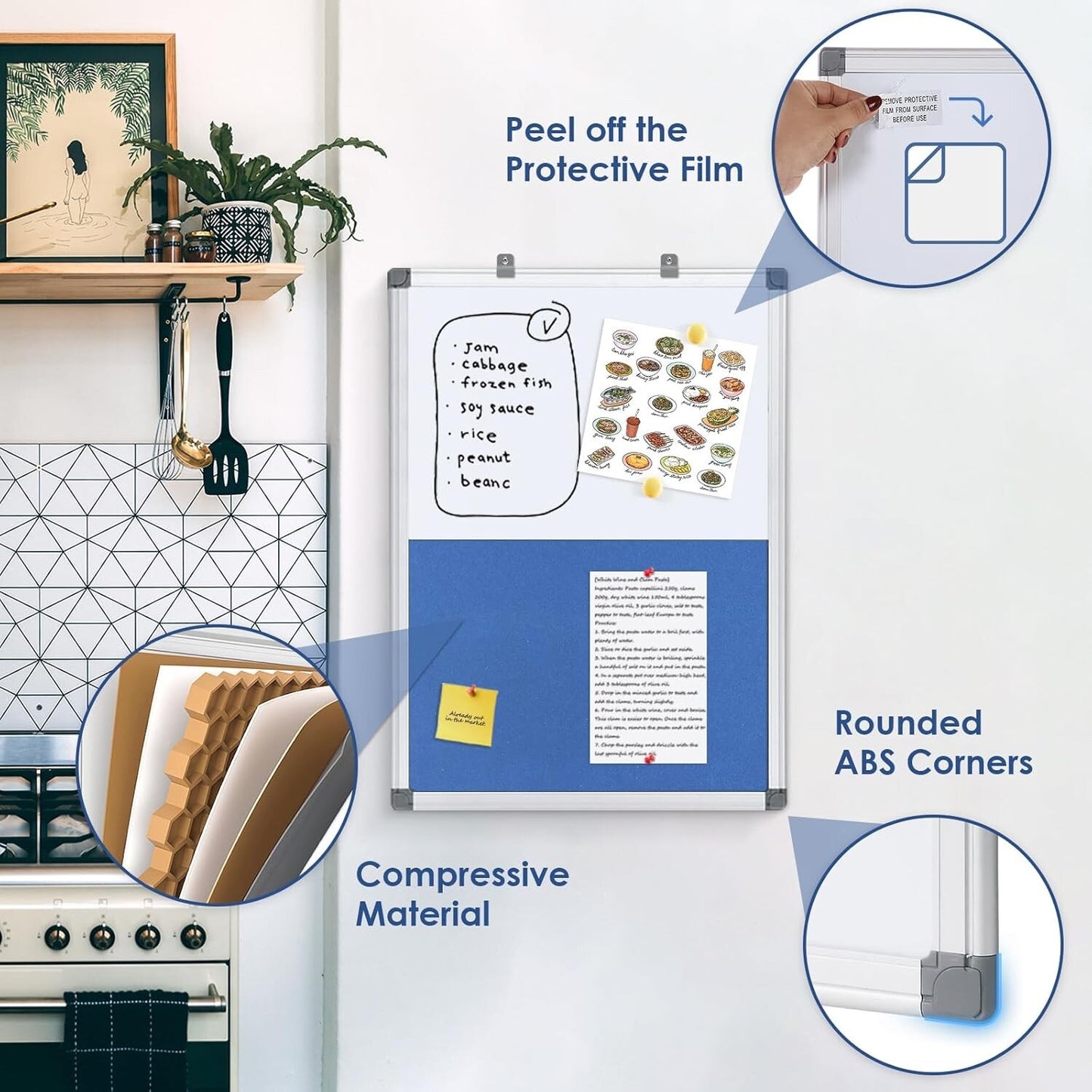 Dry Erase Presentation Whiteboard Pin Bulletin Combination Board Blue 120x90cm