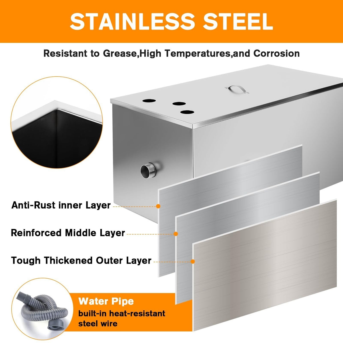Grease Trap Interceptor 128L Stainless Steel Commercial Kitchen Oil Separator Ta