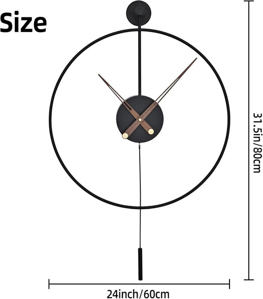 Large 60cm Wall Clock Black Metal Silent Non Ticking Round Pendulum Home Decor