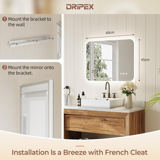 LED Bathroom Mirror 450x600mm Backlit Anti Fog Dimmable 3 Color Light Wall