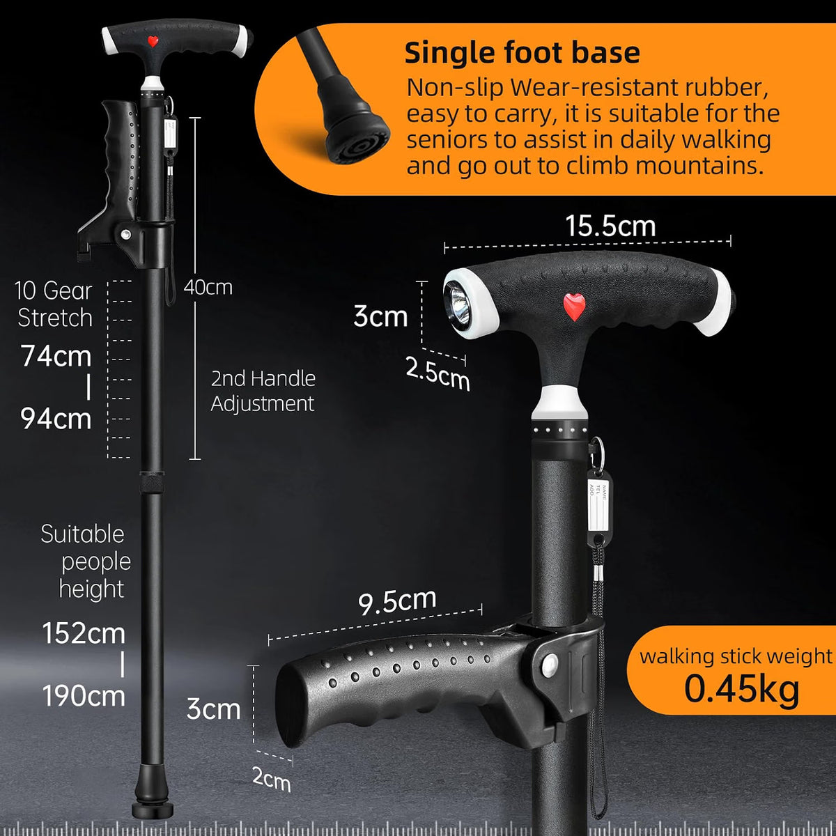 Walking Stick Adjustable 2nd Handle LED Light Men Women Seniors Arthritis Black