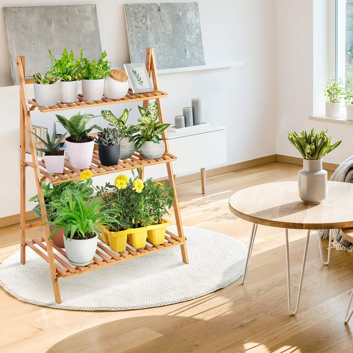 Bamboo Plant Stand Shelf 3 Tier Foldable Ladder Indoor Outdoor Display Rack
