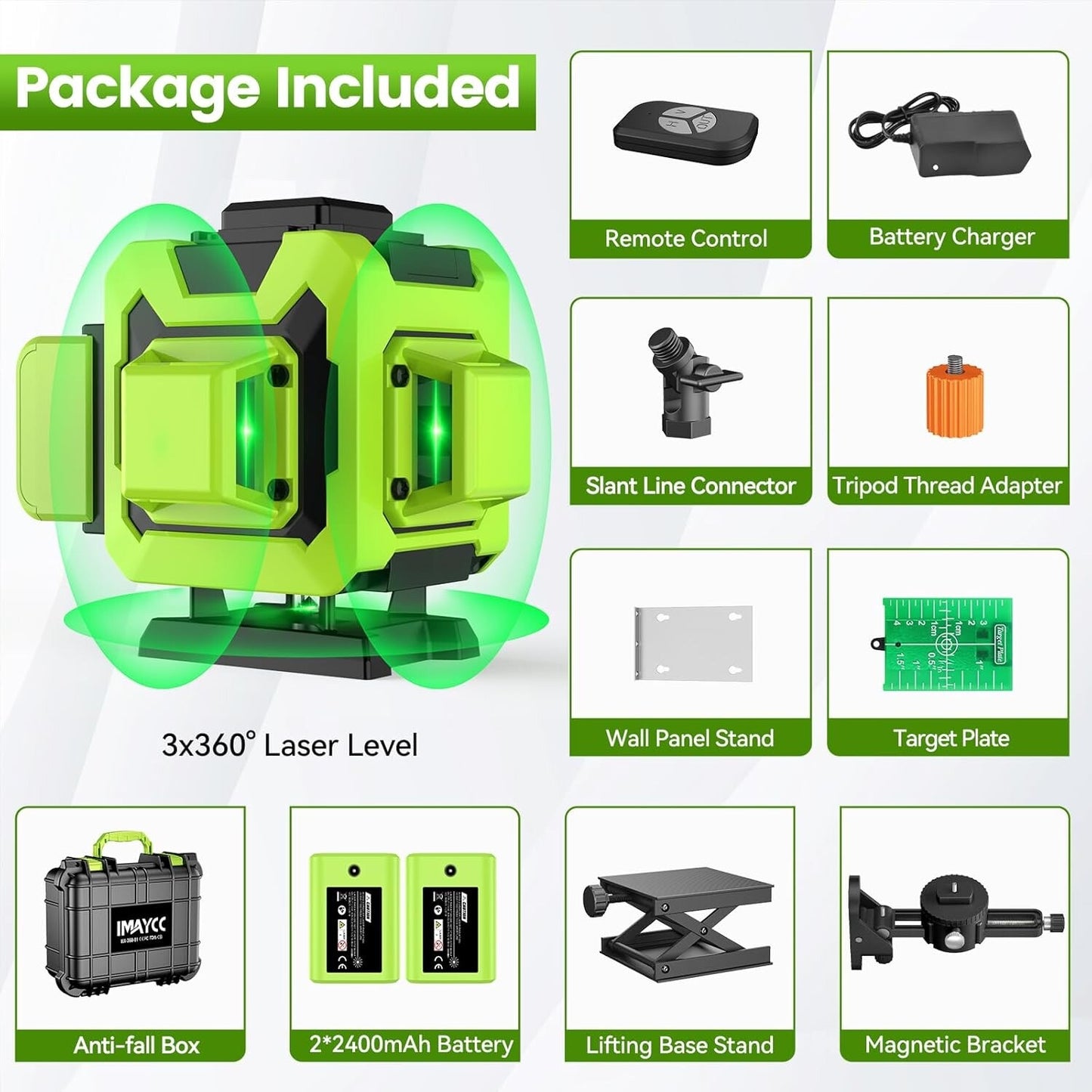 IMAYCC 3D Green Laser Level Self Level 12 Lines Cross Line Tool Indoor Outdoor