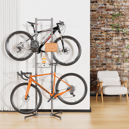 Bike Storage Rack Stand 4 Bicycle Floor Holder Garage Organiser with Basket