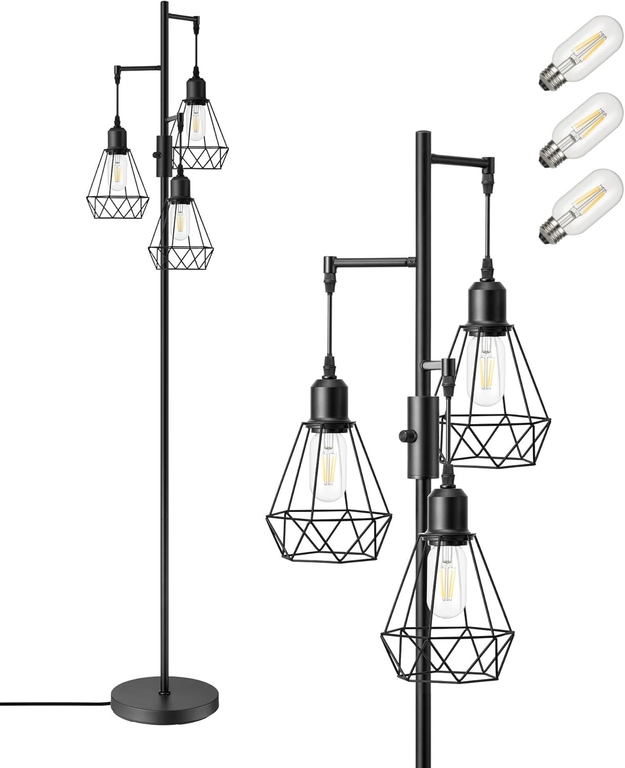 EDISHINE Industrial Floor Lamp with 3 LED Bulbs Diamond Cage Lampshade Black
