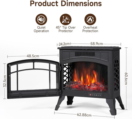 Electric Fire Stove Heater 1800W Freestanding LED Flame Remote Timer Safety