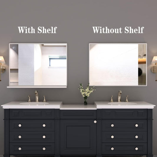 Bathroom Mirror Wall Shelf Rectangular 80.7x62cm White Metal Frame Modern Decor