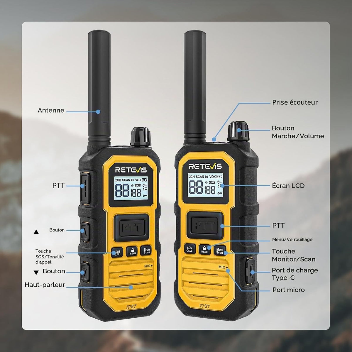 Walkie Talkie Two Way Radios Long Range IP67 Waterproof 2000mAh 4 Pack Yellow
