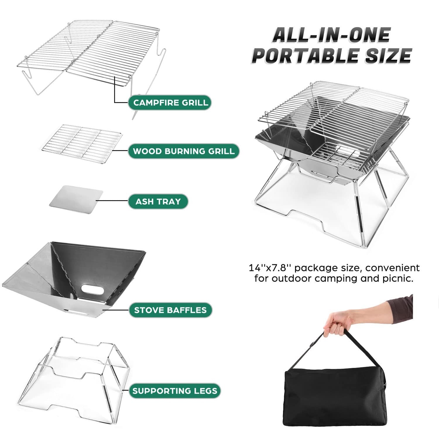 Odoland Portable Collapsible Campfire Grill Fire Pit 304 Stainless Steel Outdoor