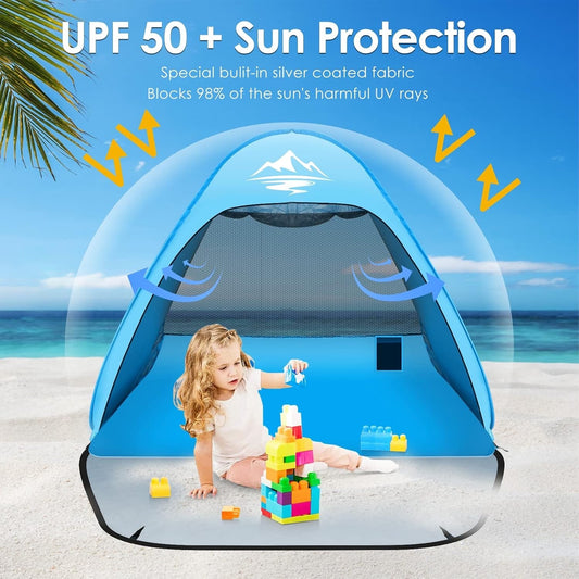 Pop Up Beach Tent Sun Shelter 2-3 Person UPF50+ Waterproof Blue Portable Shade