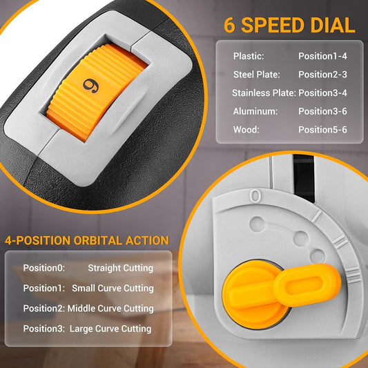 550W Electric Jigsaw 6 Speed 800-3000SPM LED 45° Bevel 8 Blades Wood Metal