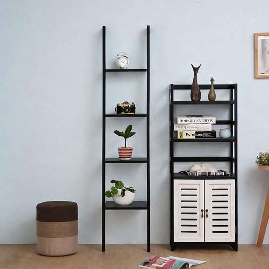 Ladder Shelf Bookcase Rack 4 Tier Tall Leaning Open Storage Black 160cm