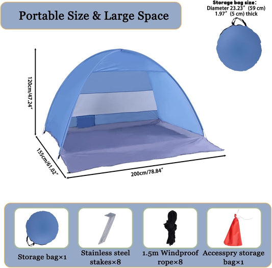 Pop Up Beach Tent 3-4 Person UPF 50+ Waterproof Portable Sun Shelter Large Blue