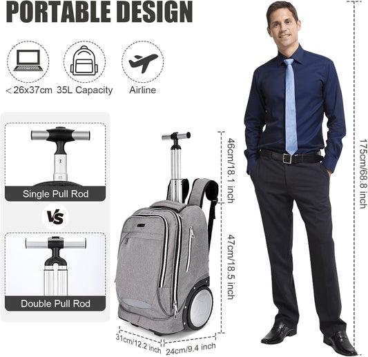 Rolling Backpack Trolley Bag 7in Wheels Laptop Travel Business Carry On Grey