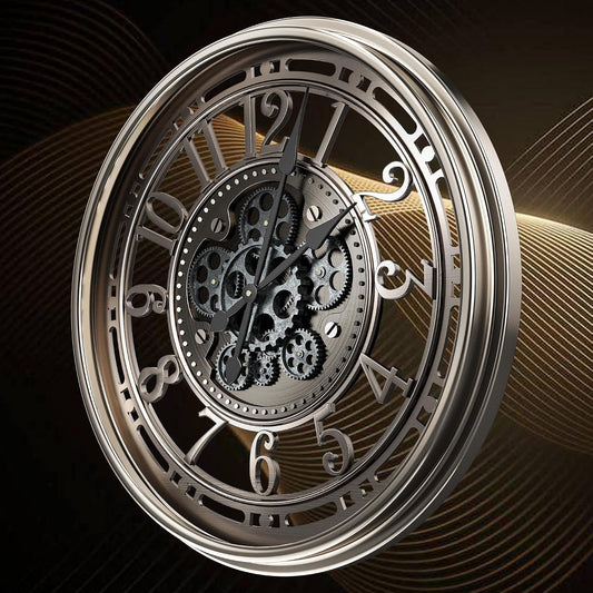 Large Wall Clock Moving Gears 53.5cm Industrial Steampunk Metal Grey Bronze Deco