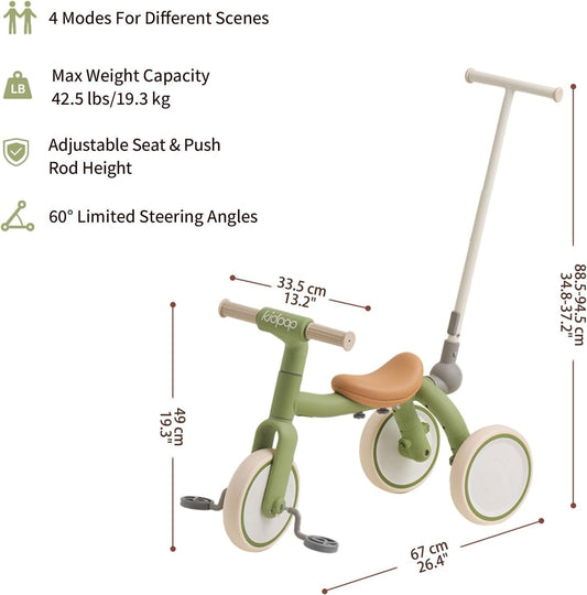 Kids Tricycle Stroller Balance Bike 3in1 Pedal Ride On Toddler Green 1-4yrs
