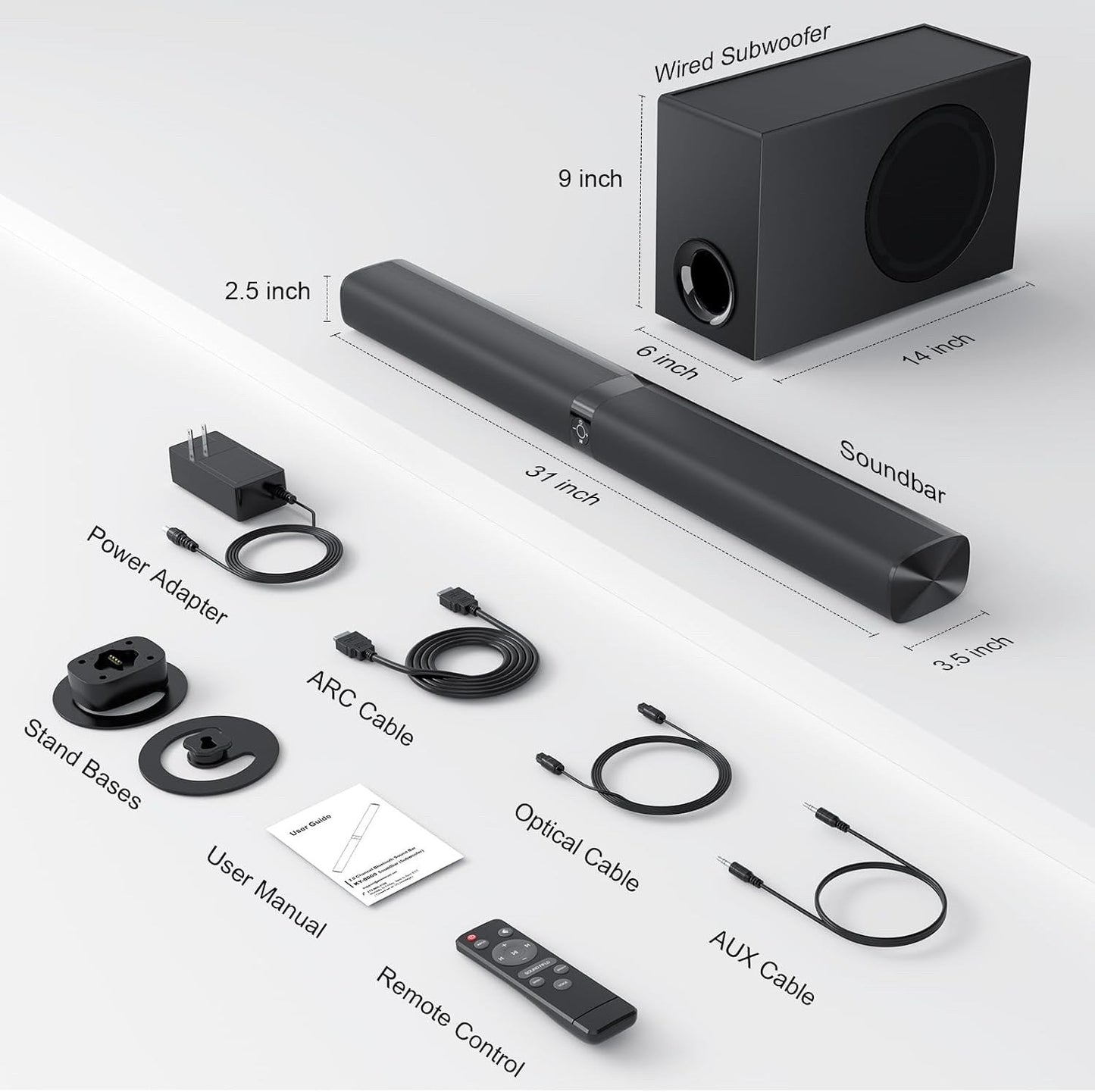 TV Soundbar Subwoofer Speaker 110W Bluetooth 5.3 Detachable 2.0CH ARC Optical