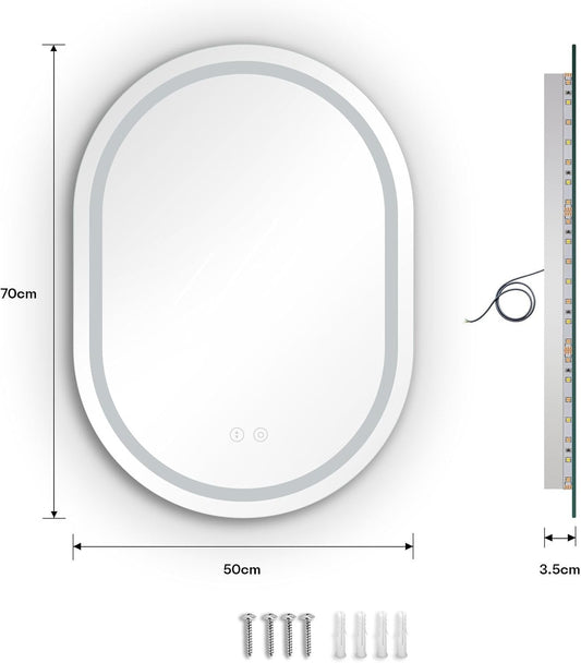 Oval LED Bathroom Mirror 50x70cm Dimmable 3 Colour Anti Fog Memory IP44 Backlit