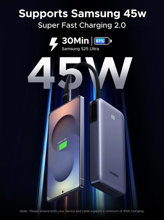 20000mAh Power Bank 45W Fast Charger Built-In USB-C Cable 3 Port Laptop Phone