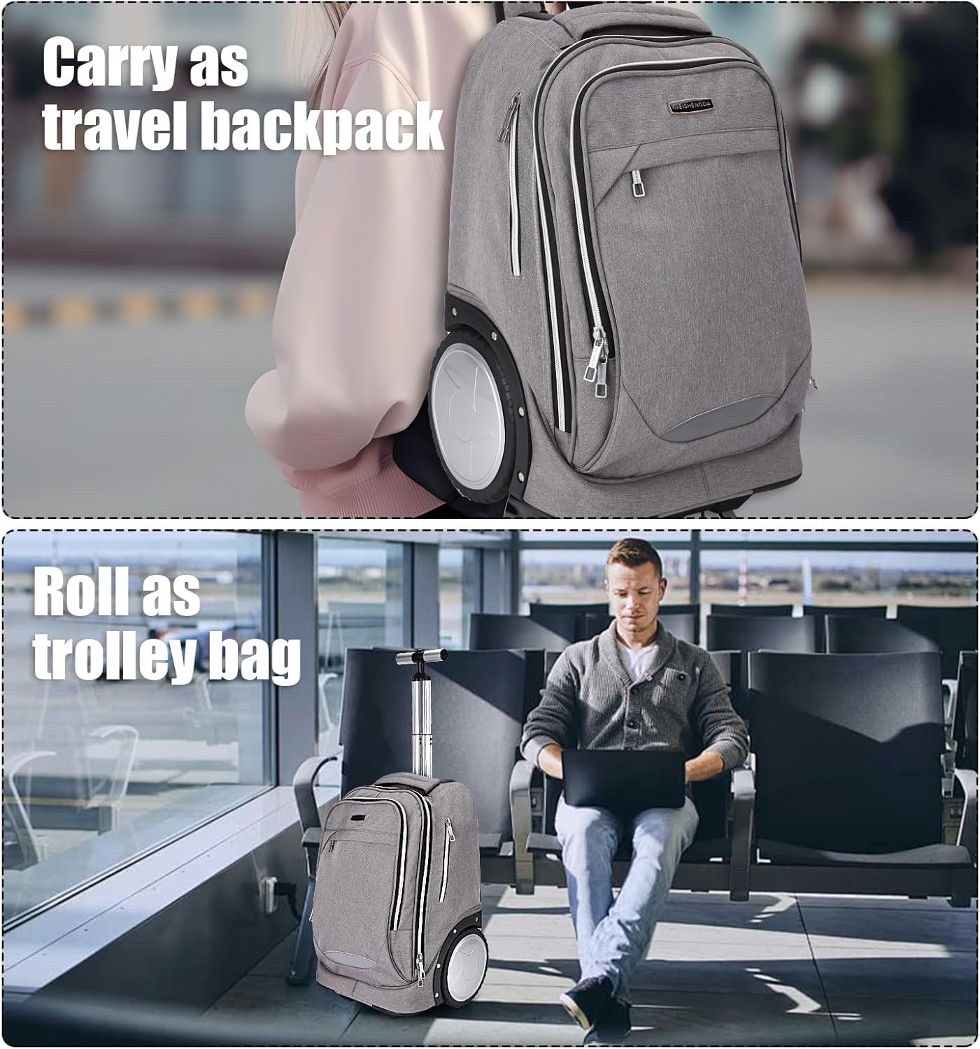 Rolling Backpack Trolley Bag 7in Wheels Laptop Travel Business Carry On Grey