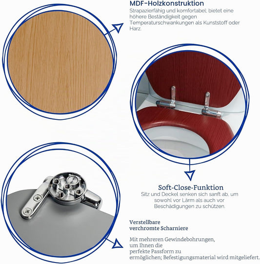 Soft Close Toilet Seat White Wooden MDF Oval 43.2x37.5cm Chrome Hinges