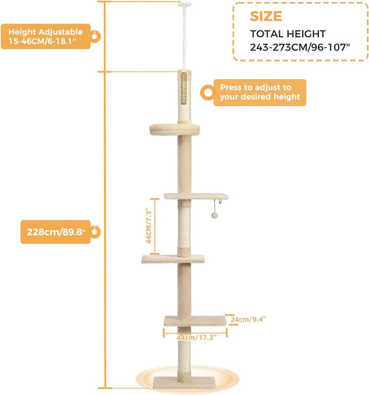 Cat Tree Tower Scratching Post Floor Ceiling 5 Tier Adjustable 243-273cm Beige
