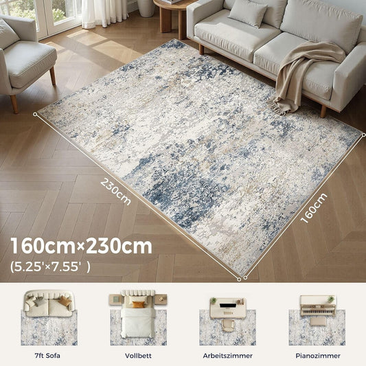 Area Rug Living Room 160x230cm Beige Blue Washable Abstract Soft Non Slip Carpet
