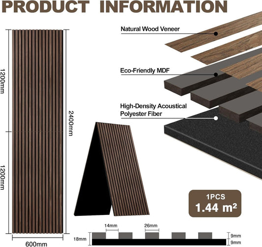 Acoustic Wood Slat Wall Panels 2400x600mm Sound Absorbing Foldable Black Walnut
