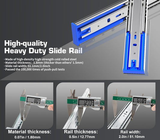 Heavy Duty Drawer Runners 650mm Soft Close Full Extension 90KG Slide Rails