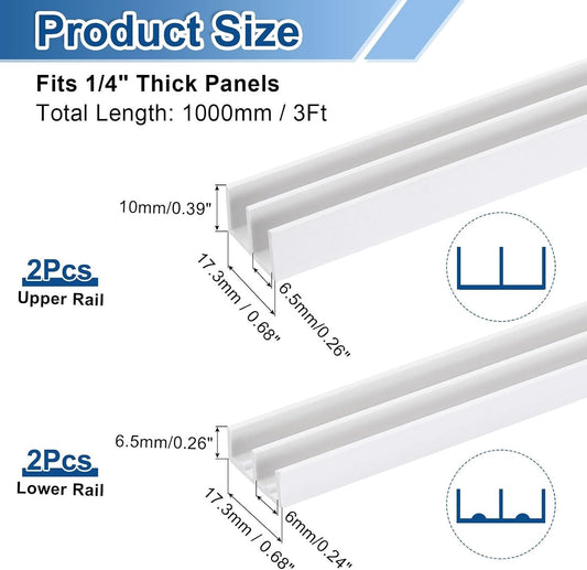 Sliding Door Track Rails 3Ft White Plastic 1/4" Glass Cabinet Panels 2 Sets