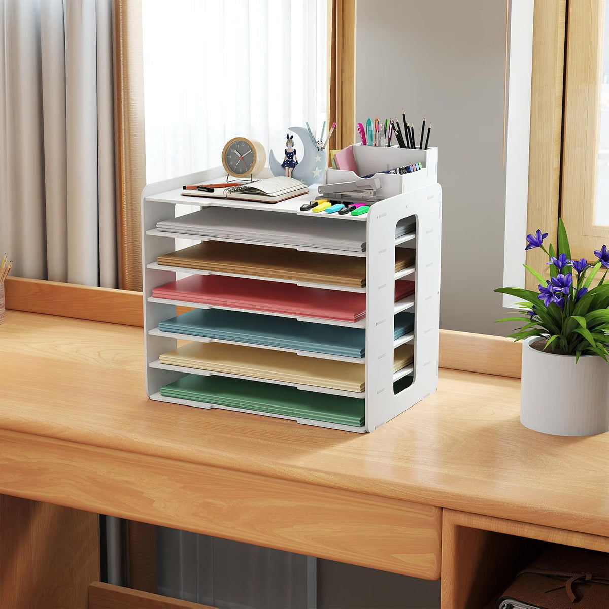 A3 Paper Organizer Desktop Storage 7 Compartment Document Sorter White PVC Rack