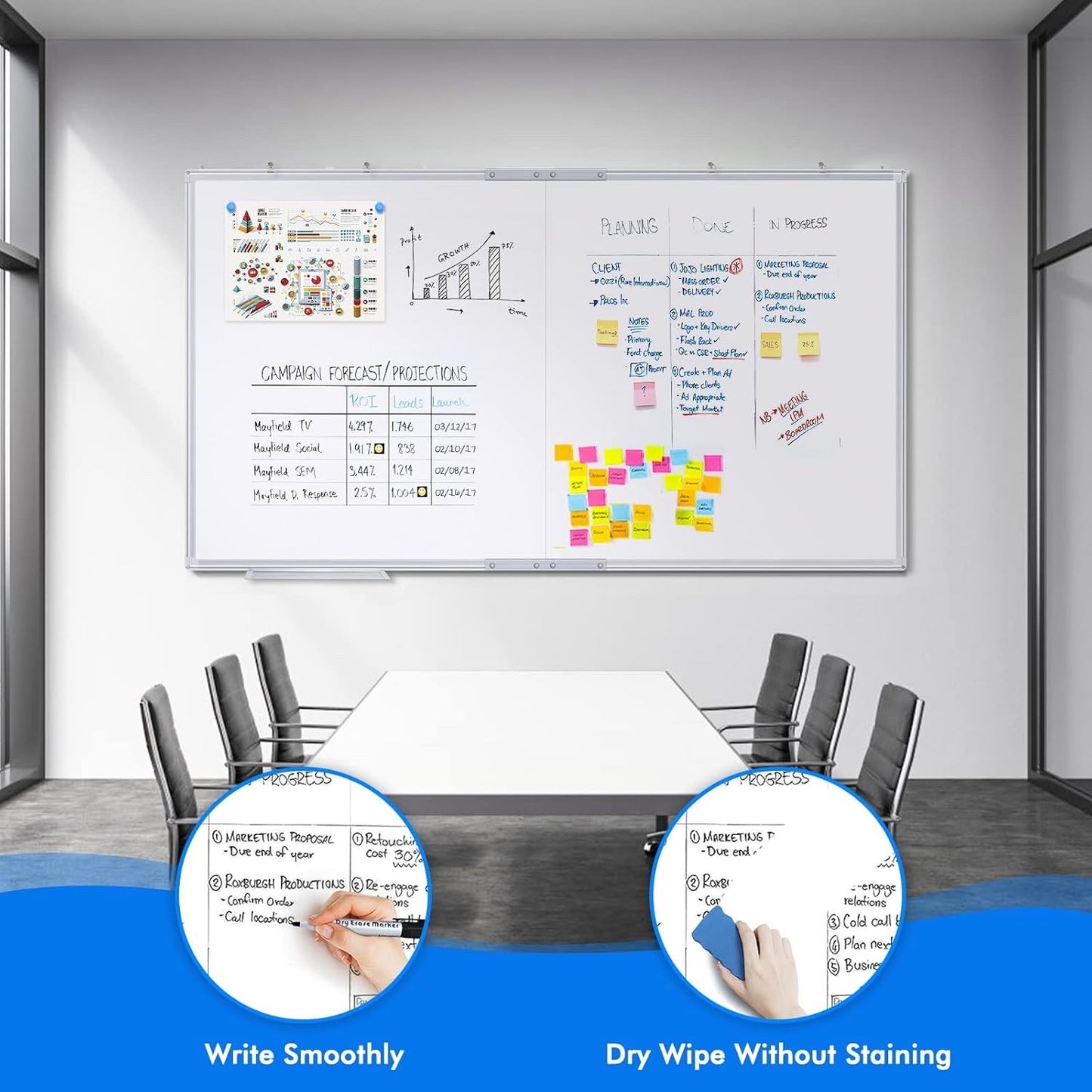 Large Magnetic Whiteboard 180x100cm Wall Mounted Dry Erase Board Alloy Frame