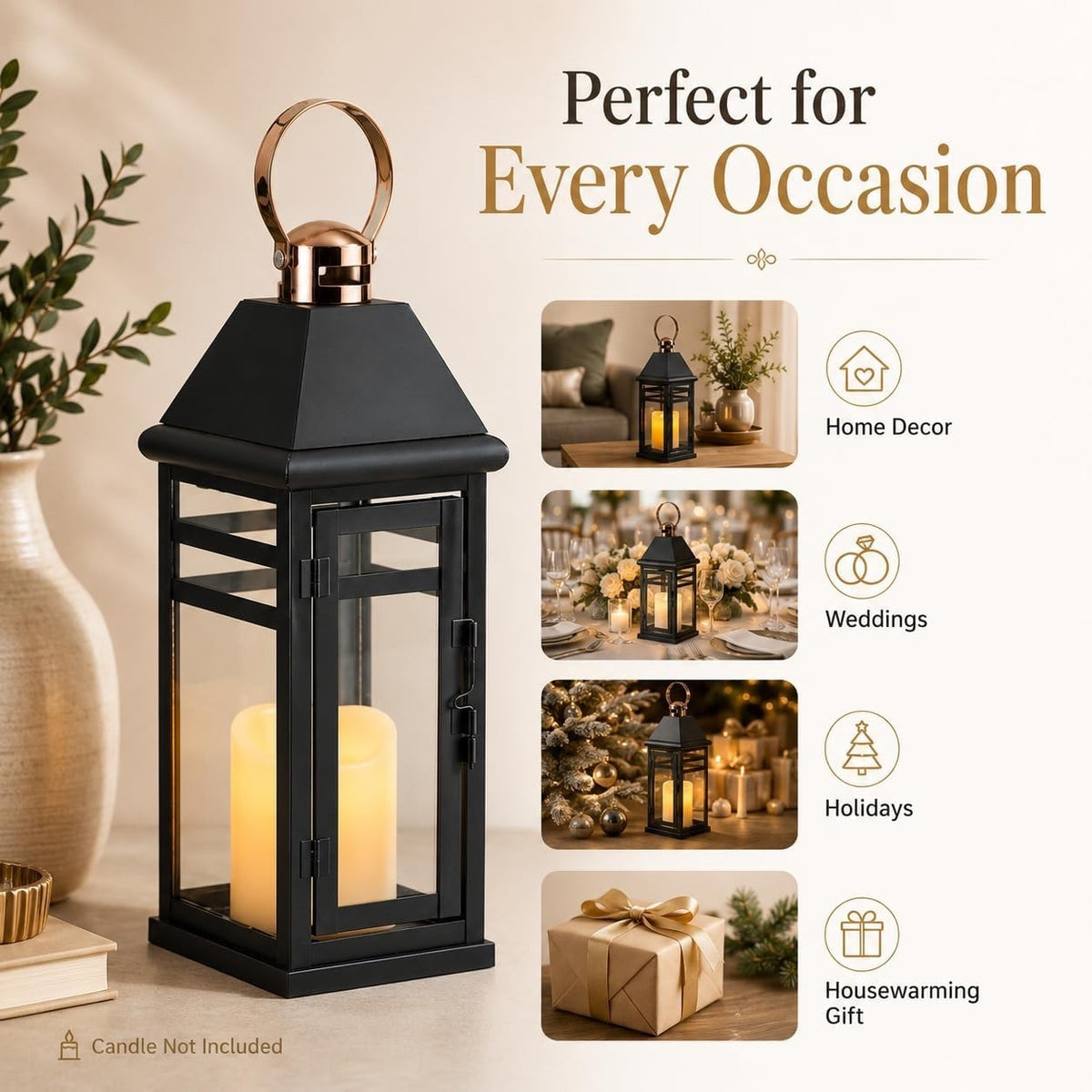 Lantern Candle Holder Vintage Metal Glass 39cm Black Hanging Indoor Outdoor