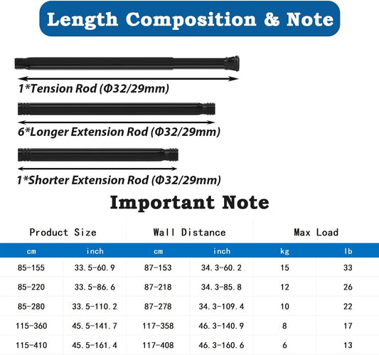Tension Curtain Pole No Drill 115-410cm 32mm White Extra Long Shower Clothes