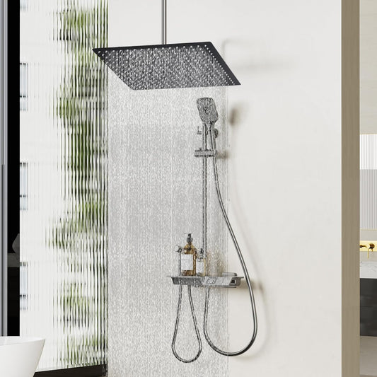 Rainfall Shower Head Square 16 Inch Black Stainless Steel Adjustable Swivel G1/2