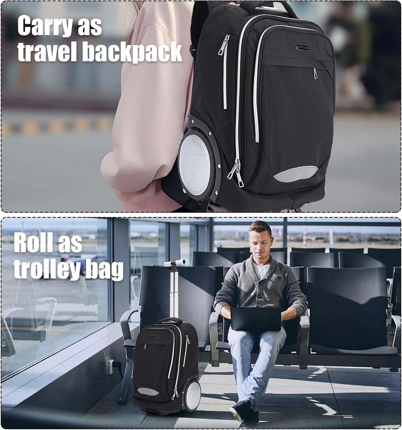 Rolling Backpack Carry On Laptop Bag Large Wheels Telescopic Handle Travel