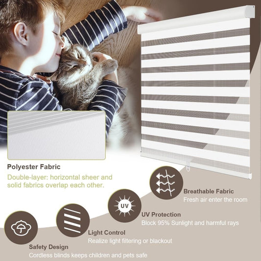 Zebra Blinds Roller Shades Cordless Dual Layer Light Filtering Grey 21x72 inch