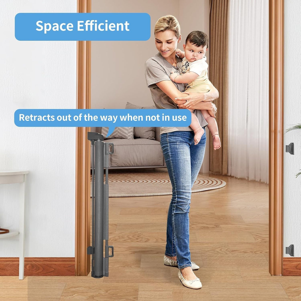 Baby Gate Retractable Mesh Dog Gate 86cm 140cm Length Grey Safety Doorway 2 Pack