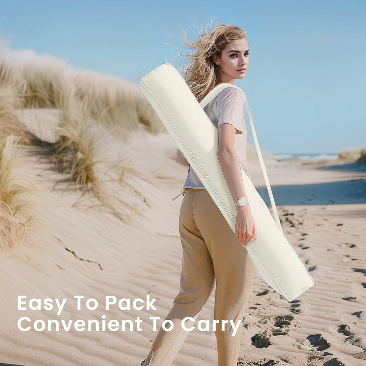 Fringed Beach Umbrella 2m Portable Parasol Ground Drill Ivory UPF50+ Sun Shade