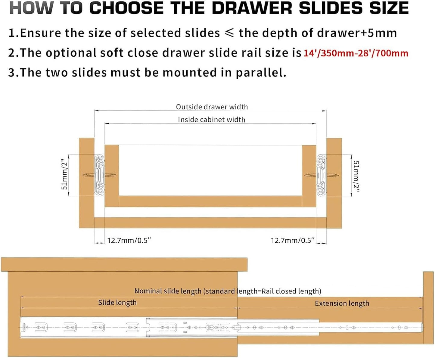 Drawer Runners 650mm Heavy Duty Soft Close Full Extension 90KG Slide Rails
