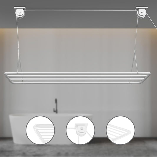 Ceiling Clothes Airer Dryer Rack Pulley Hanging 100x50cm 8m 20kg Foldable White