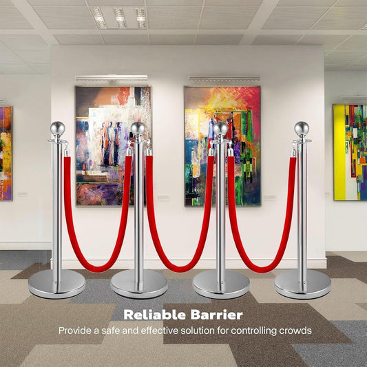 4Pcs Stainless Steel Stanchion Posts Queue Set Red Velvet Rope Crowd Control