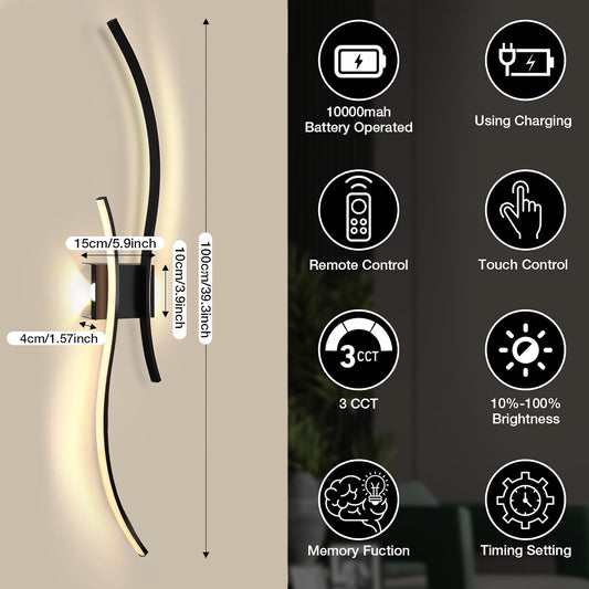 Rechargeable Wall Sconce Lights 100cm Wireless Set of 2 Remote Control Dimmable